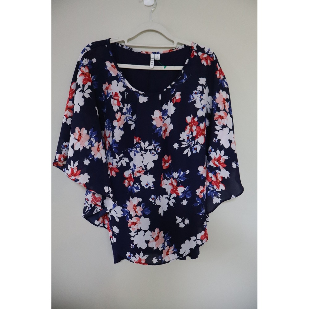 Floral Chiffon Boho ELLE Flutter Sleeve Top L Navy Blue Layered Blouse